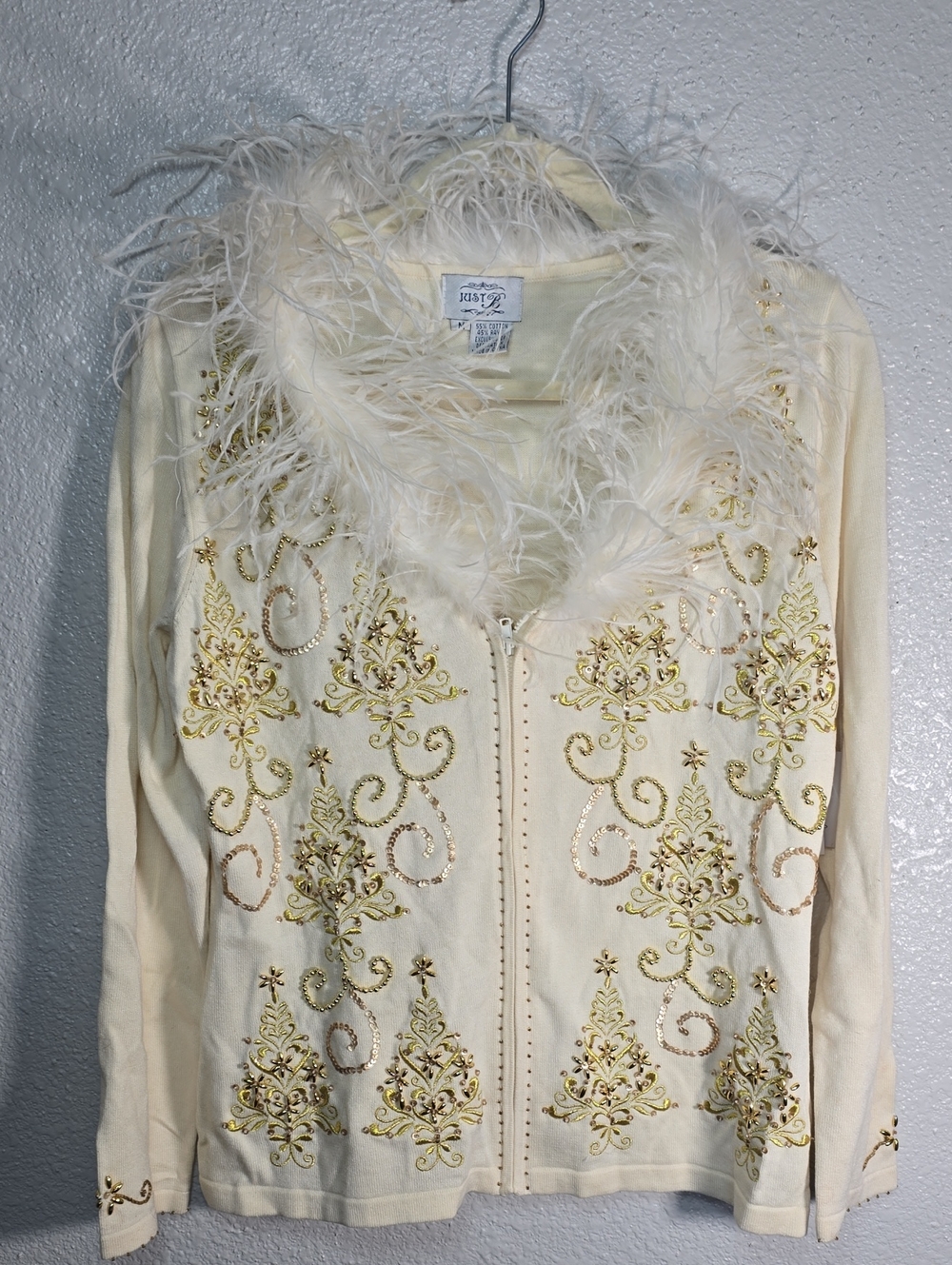 Just B Ivory Embellished Feather Collar Zip Jacket